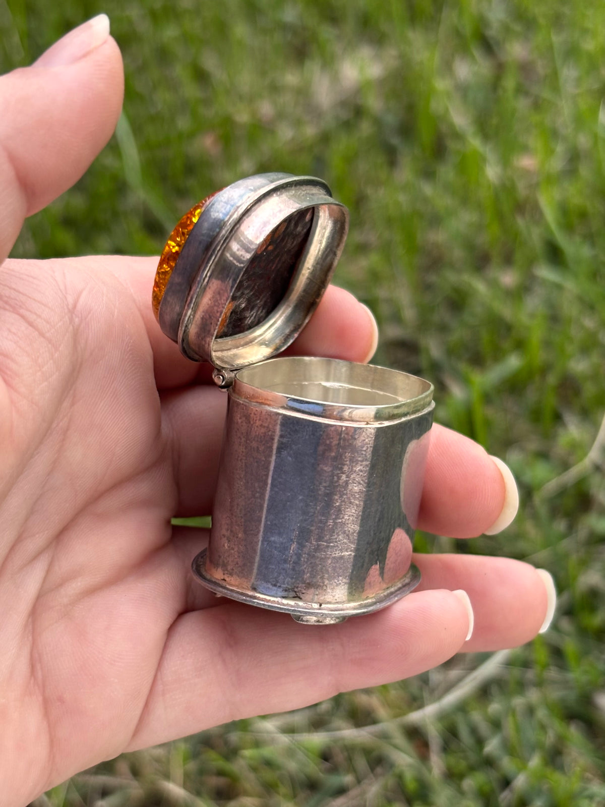 Vintage Sterling Silver & Amber Hinged Trinket Keepsake Box