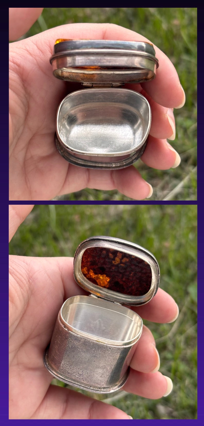 Vintage Sterling Silver & Amber Hinged Trinket Keepsake Box