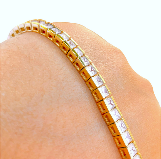 Gold Plated Princess Cut "Diamond" Tennis Bracelet