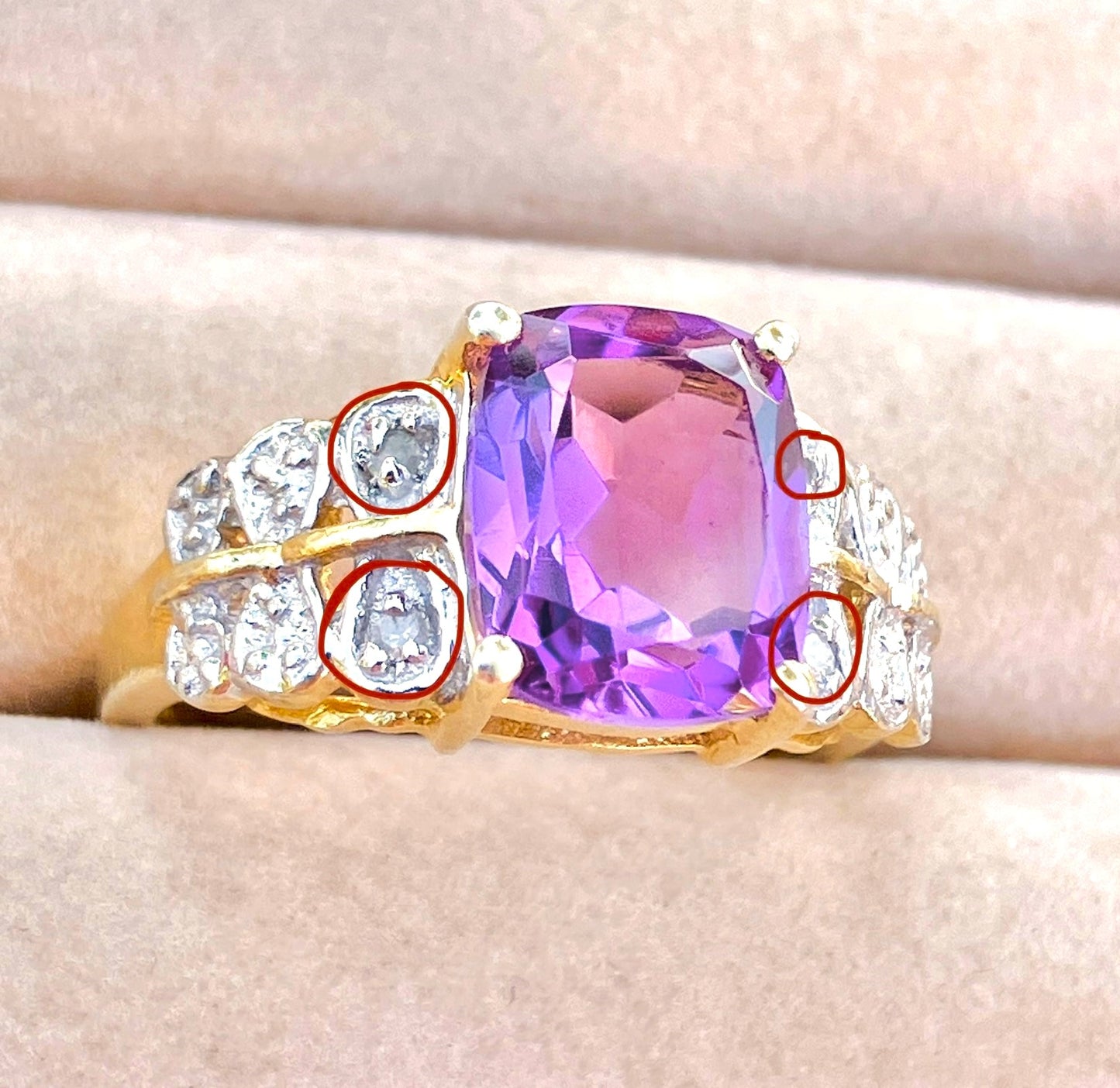 Gold Plated Elongated Cushion Cut Amethyst Ring with Diamond Accents