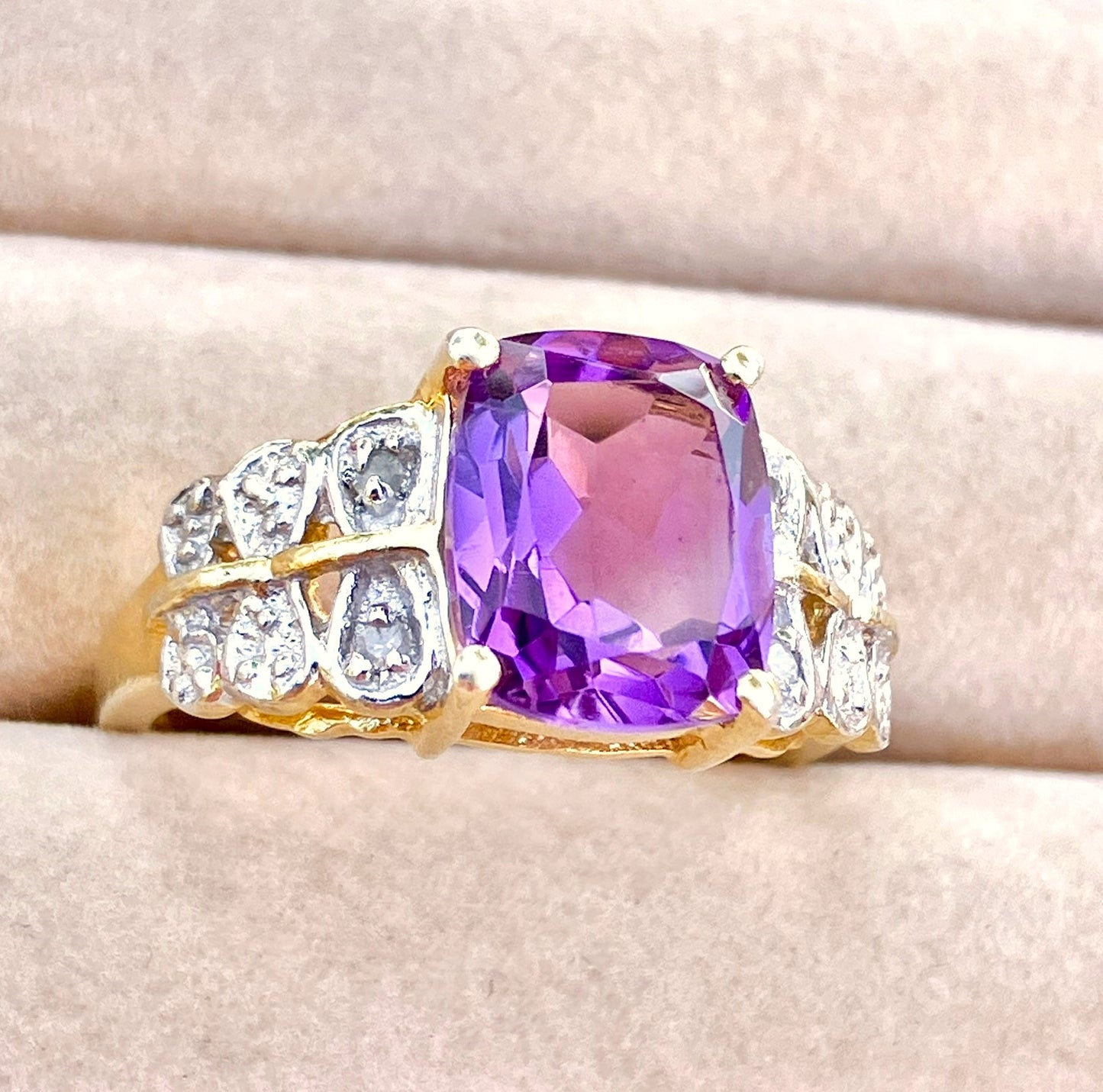 Gold Plated Elongated Cushion Cut Amethyst Ring with Diamond Accents