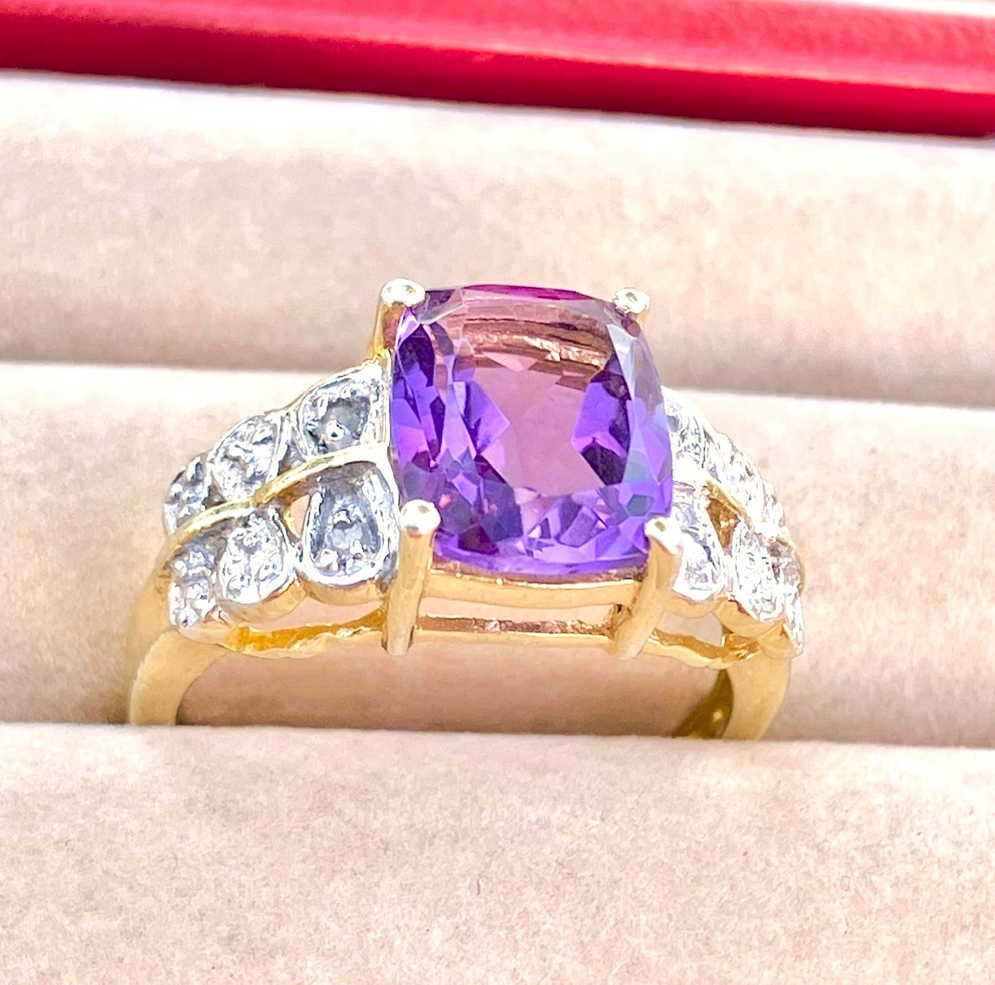 Gold Plated Elongated Cushion Cut Amethyst Ring with Diamond Accents