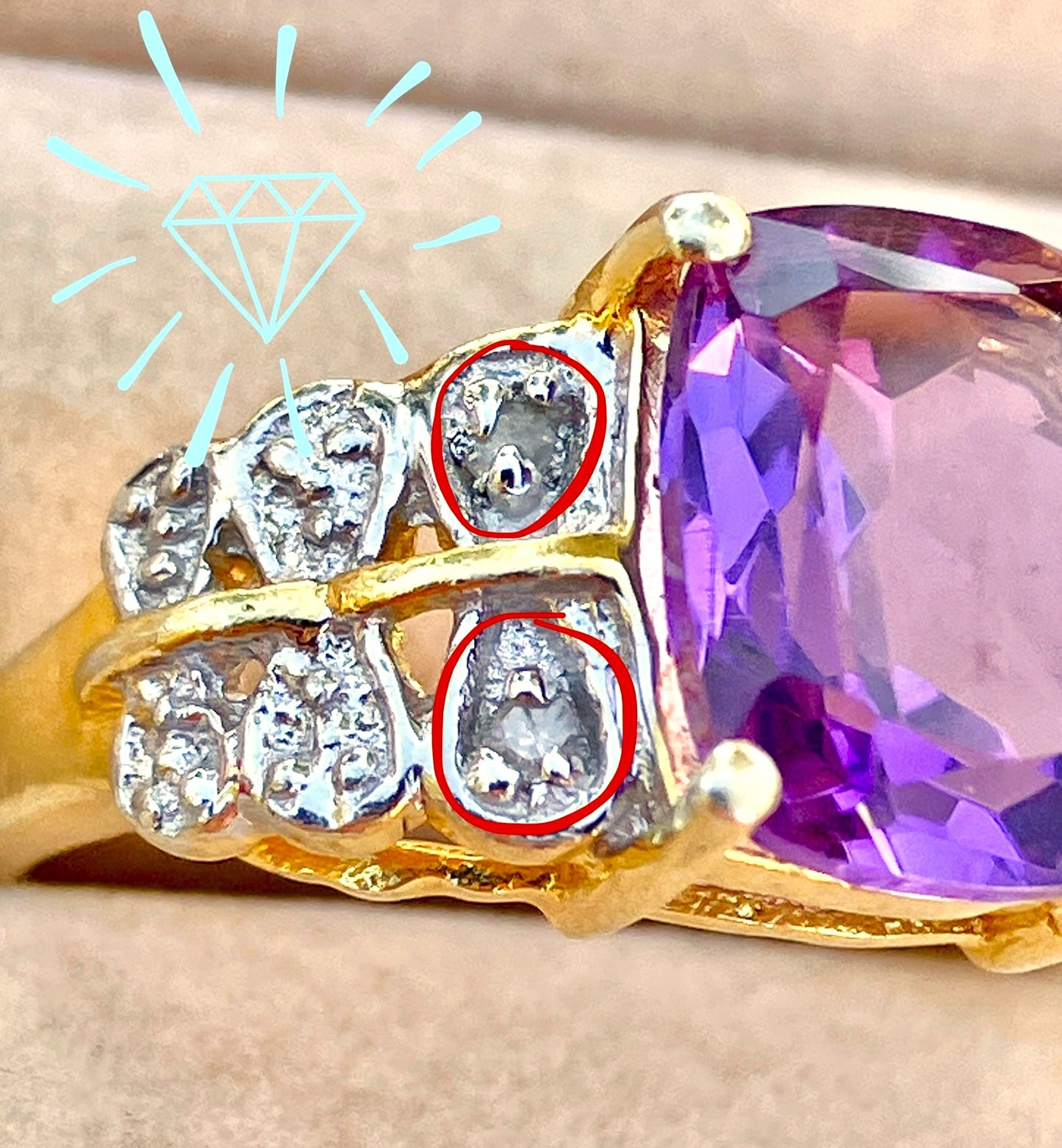 Gold Plated Elongated Cushion Cut Amethyst Ring with Diamond Accents