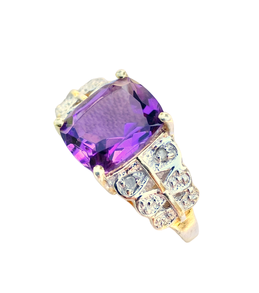 Gold Plated Elongated Cushion Cut Amethyst Ring with Diamond Accents