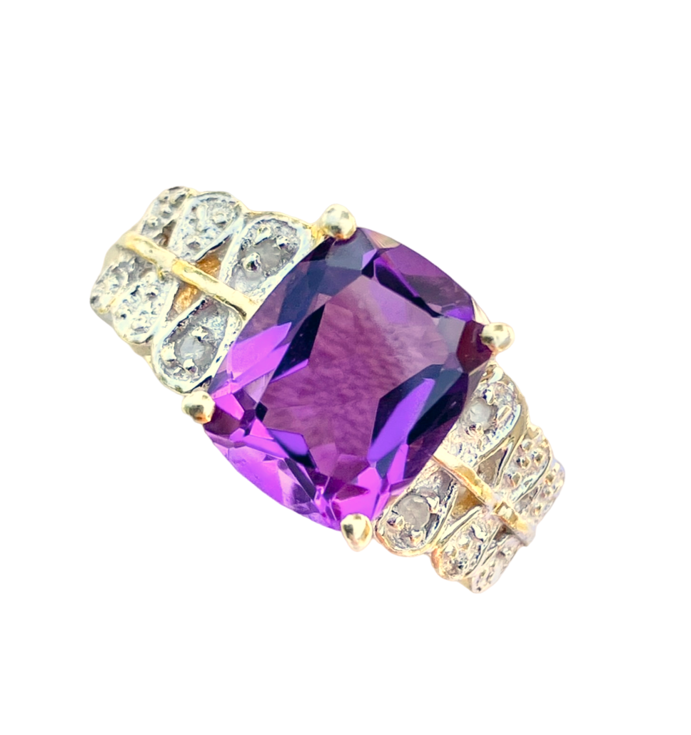 Gold Plated Elongated Cushion Cut Amethyst Ring with Diamond Accents