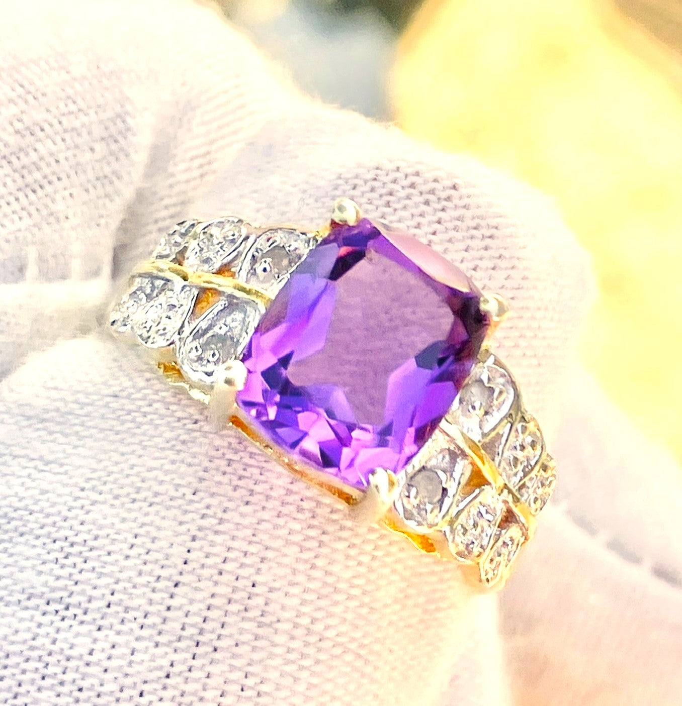 Gold Plated Elongated Cushion Cut Amethyst Ring with Diamond Accents