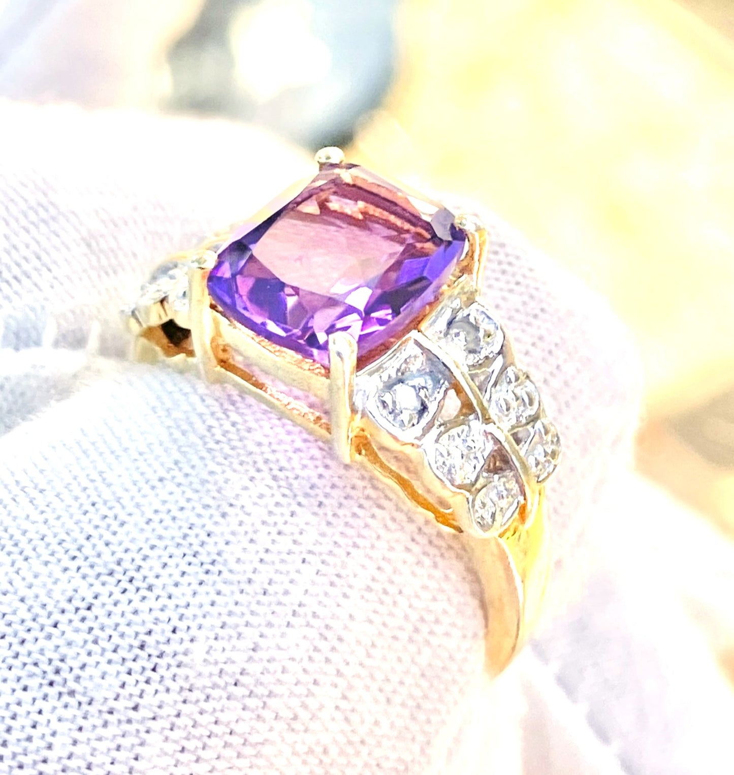 Gold Plated Elongated Cushion Cut Amethyst Ring with Diamond Accents