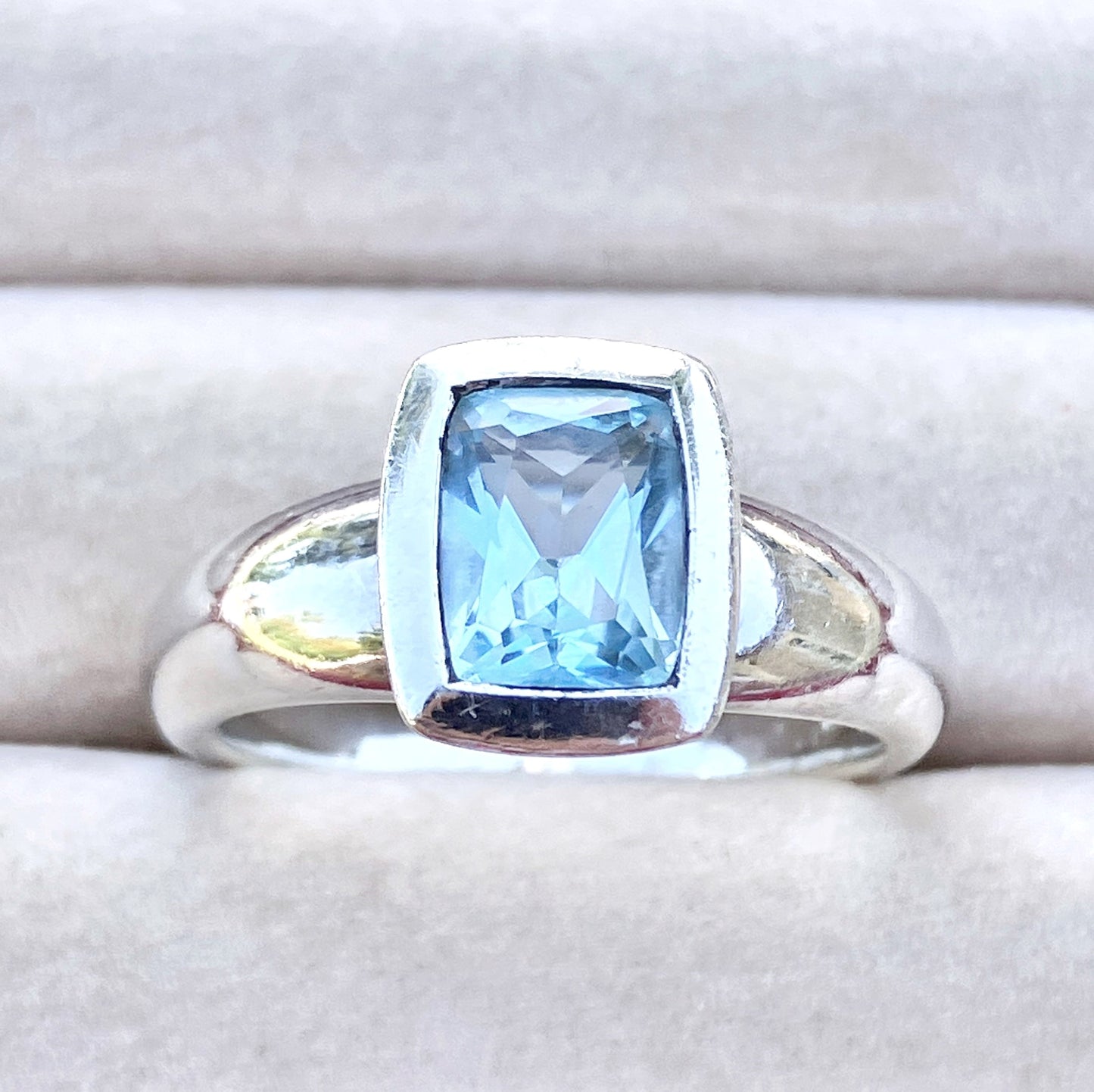Elongated Cushion Cut Baby Swiss Blue Topaz Ring
