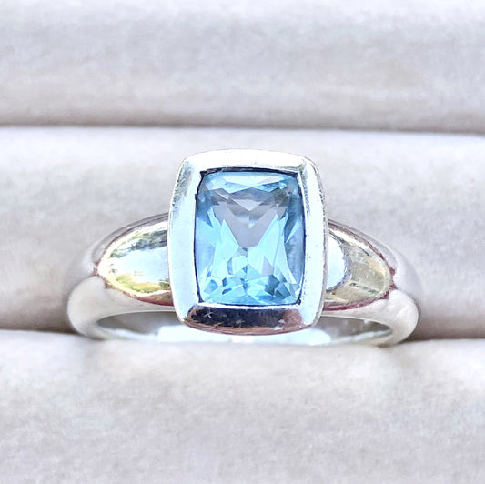 Elongated Cushion Cut Baby Swiss Blue Topaz Ring