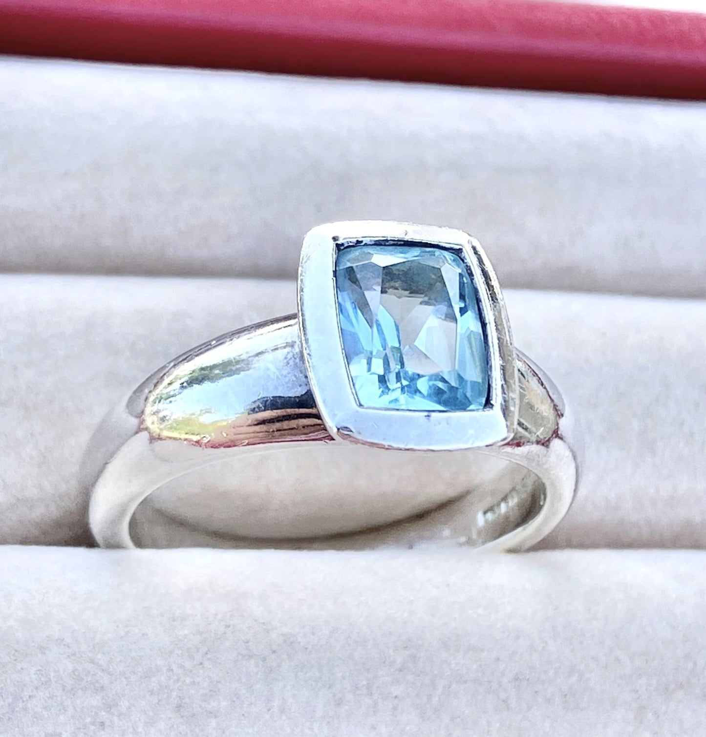 Elongated Cushion Cut Baby Swiss Blue Topaz Ring