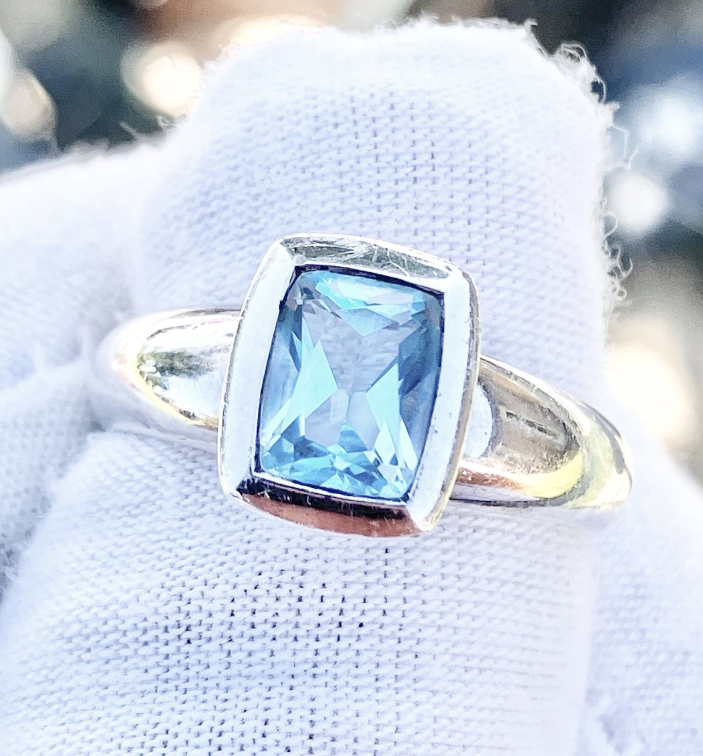 Elongated Cushion Cut Baby Swiss Blue Topaz Ring