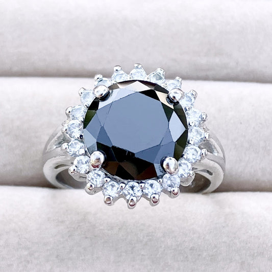 "Diamond" Halo Black Chalcedony Ring