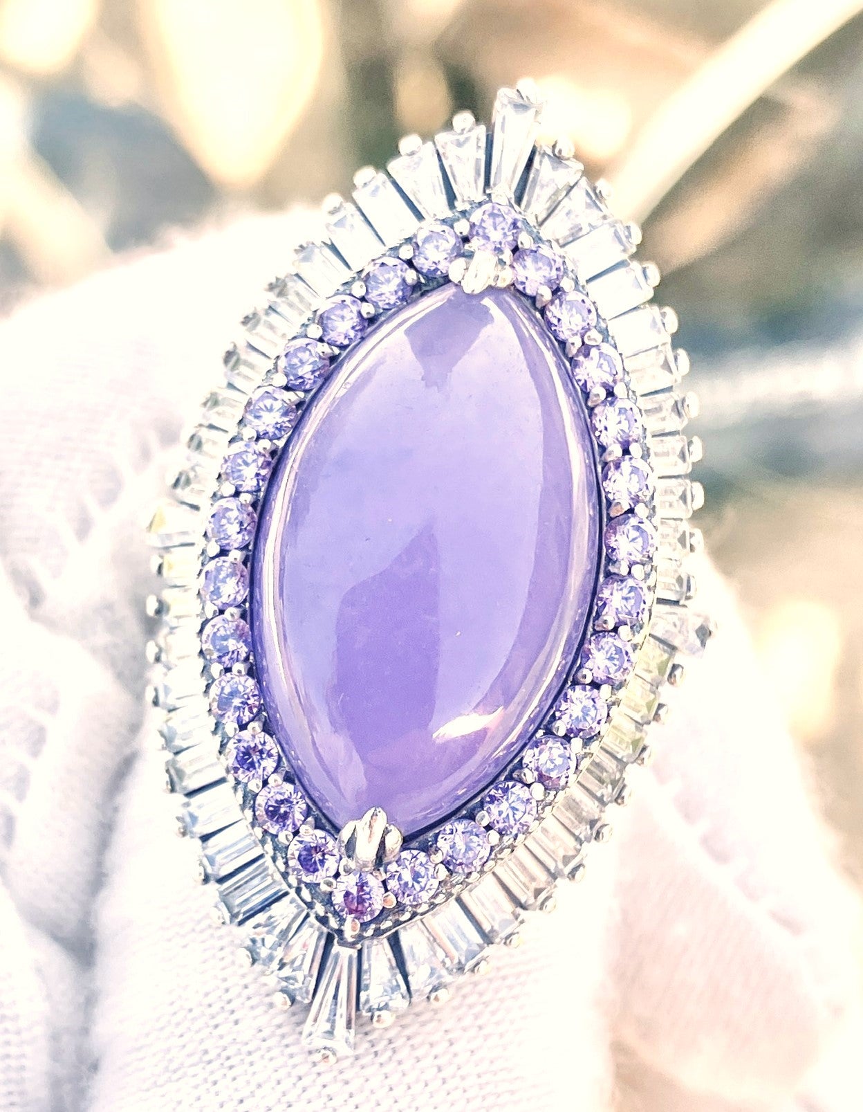 Lavender Dyed Jade in “Amethyst” and “Diamond” Halos Ring