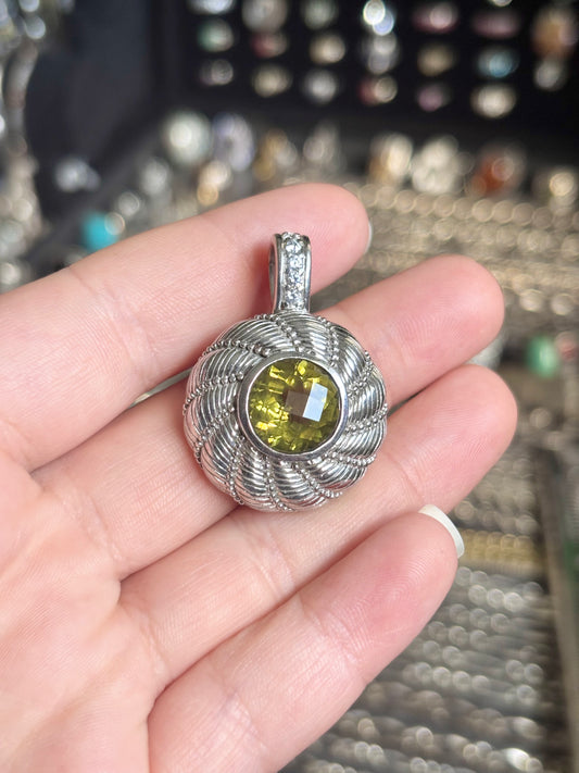 Judith Ripka Round Checkerboard Cut Olive Quartz Pendant