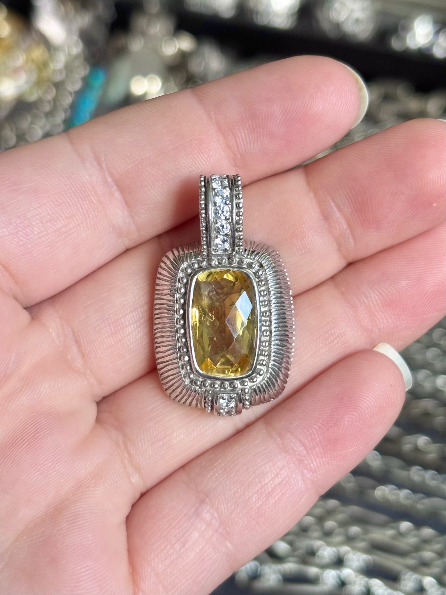 Judith Ripka Elongated Checkerboard Cushion Cut Gemstone and “Diamond” Pendant (3 Colors!)