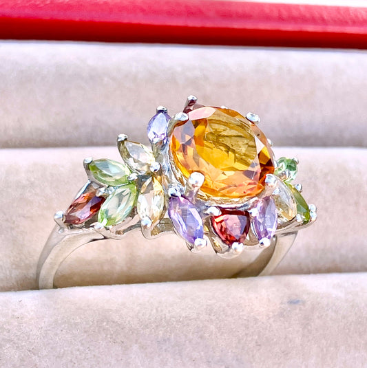 Citrine Centerstone in Citrine, Peridot, Amethyst, and Garnet Wreath Ring