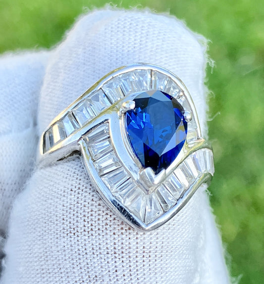 Pear Cut Synthetic Sapphire in Baguette Cut "Diamond" Setting Ring