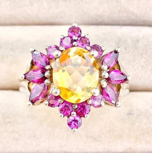 Citrine and Rhodolite Garnet Flower Ring