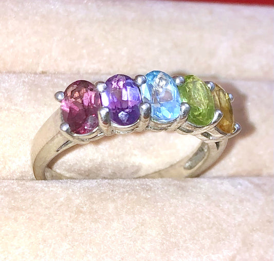 Oval Cut Rhodolite Garnet, Amethyst, Blue Topaz, Peridot, and Citrine Ring