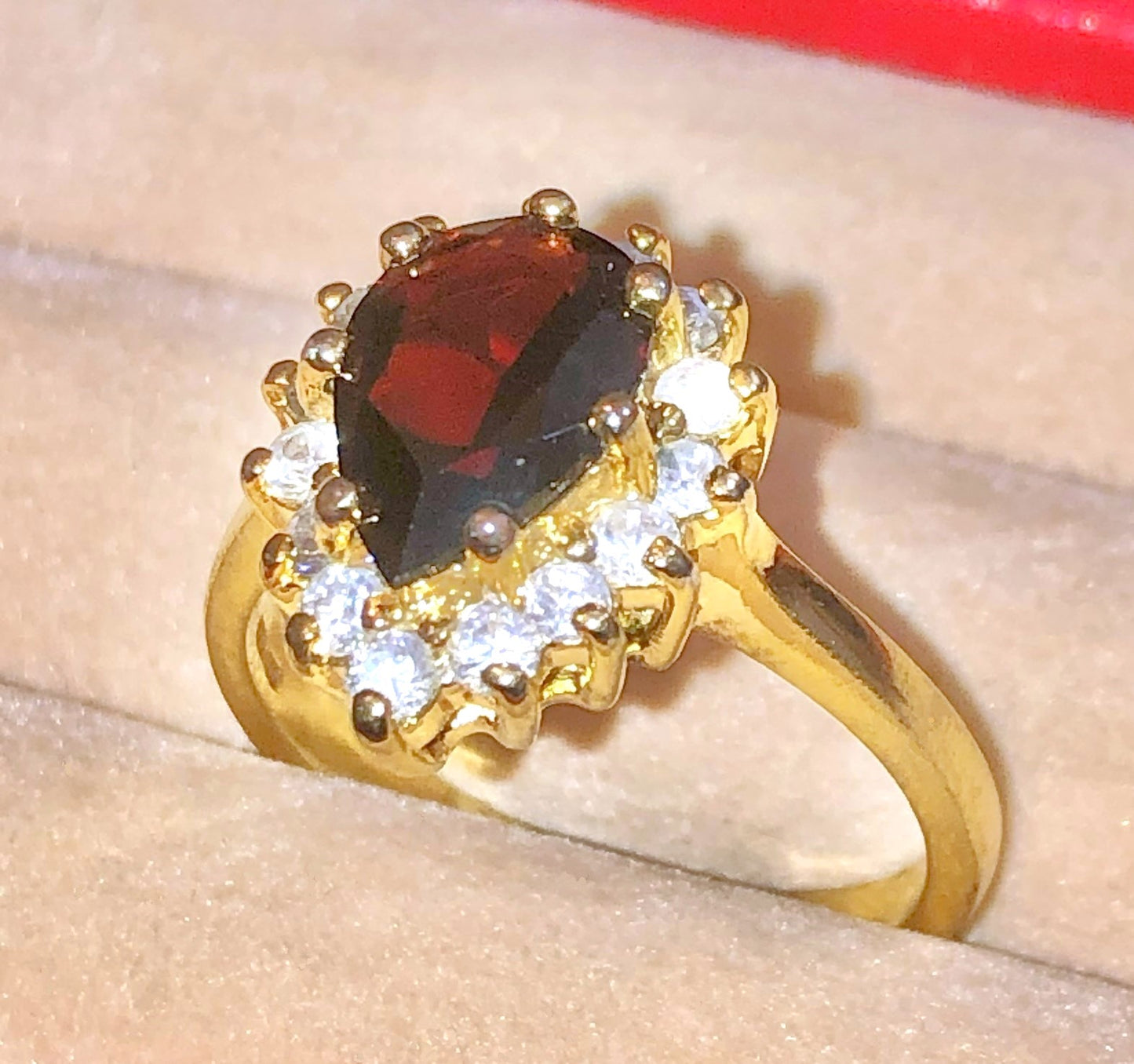 Gold Plated Pear Cut Garnet in "Diamond" Halo Ring