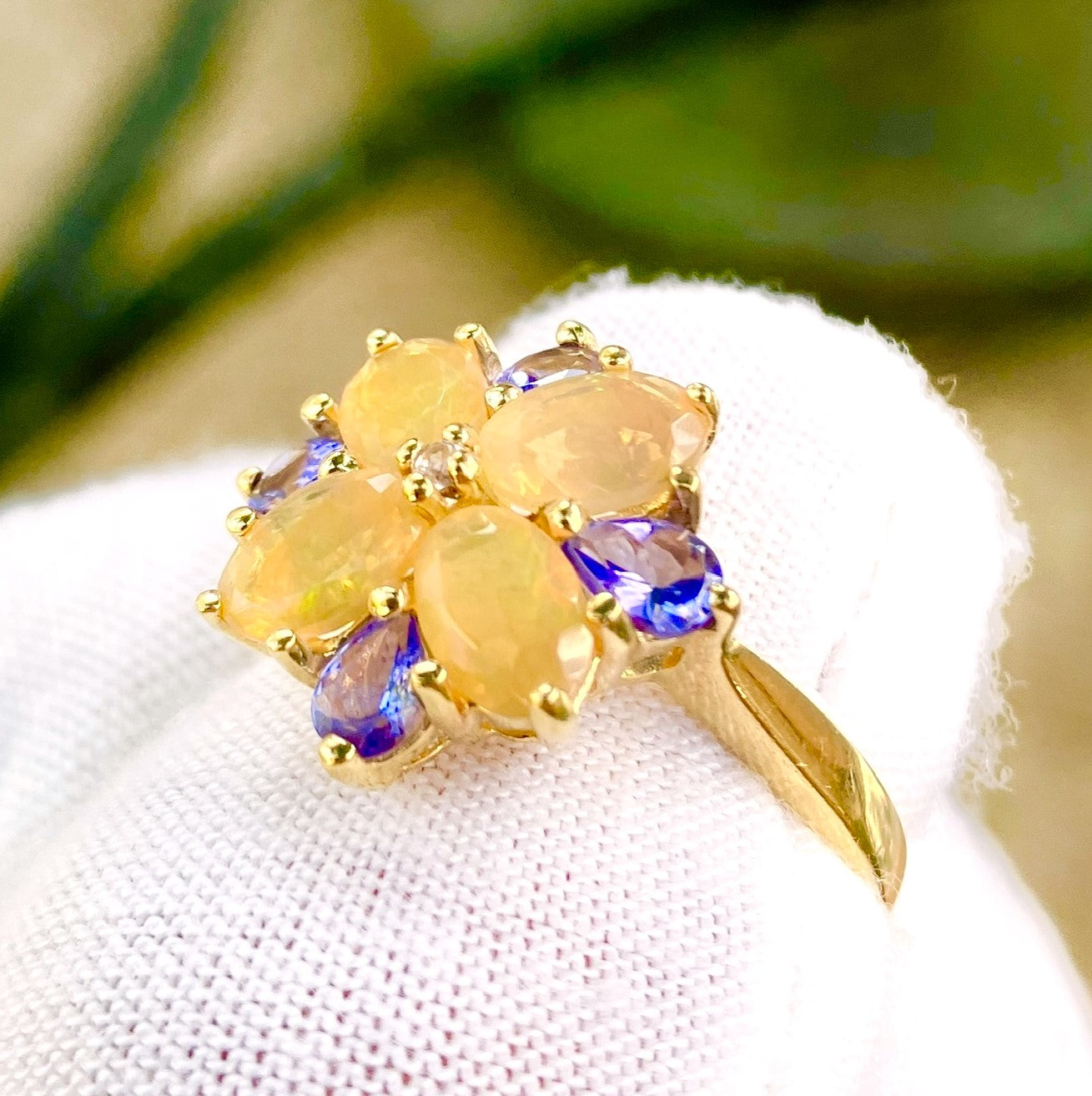 Gold Plated Oval Cut Fire Opal and Pear Cut Tanzanite Flower