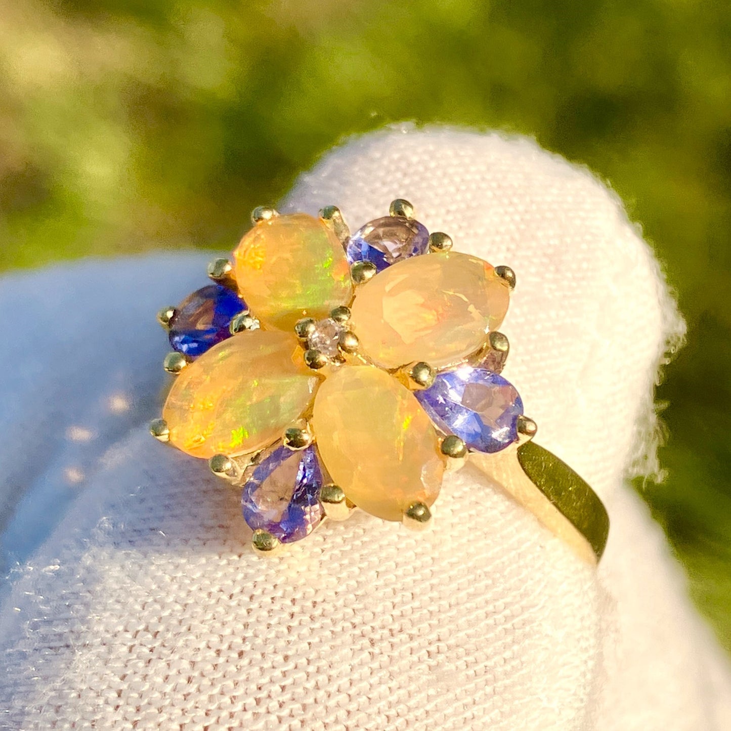 Gold Plated Oval Cut Fire Opal and Pear Cut Tanzanite Flower