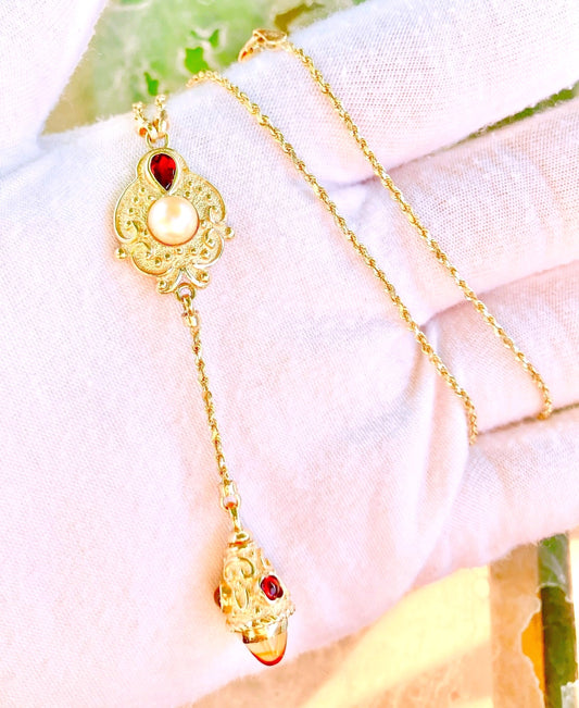 14k Gold Pearl, Garnet, and Citrine Dangle Necklace