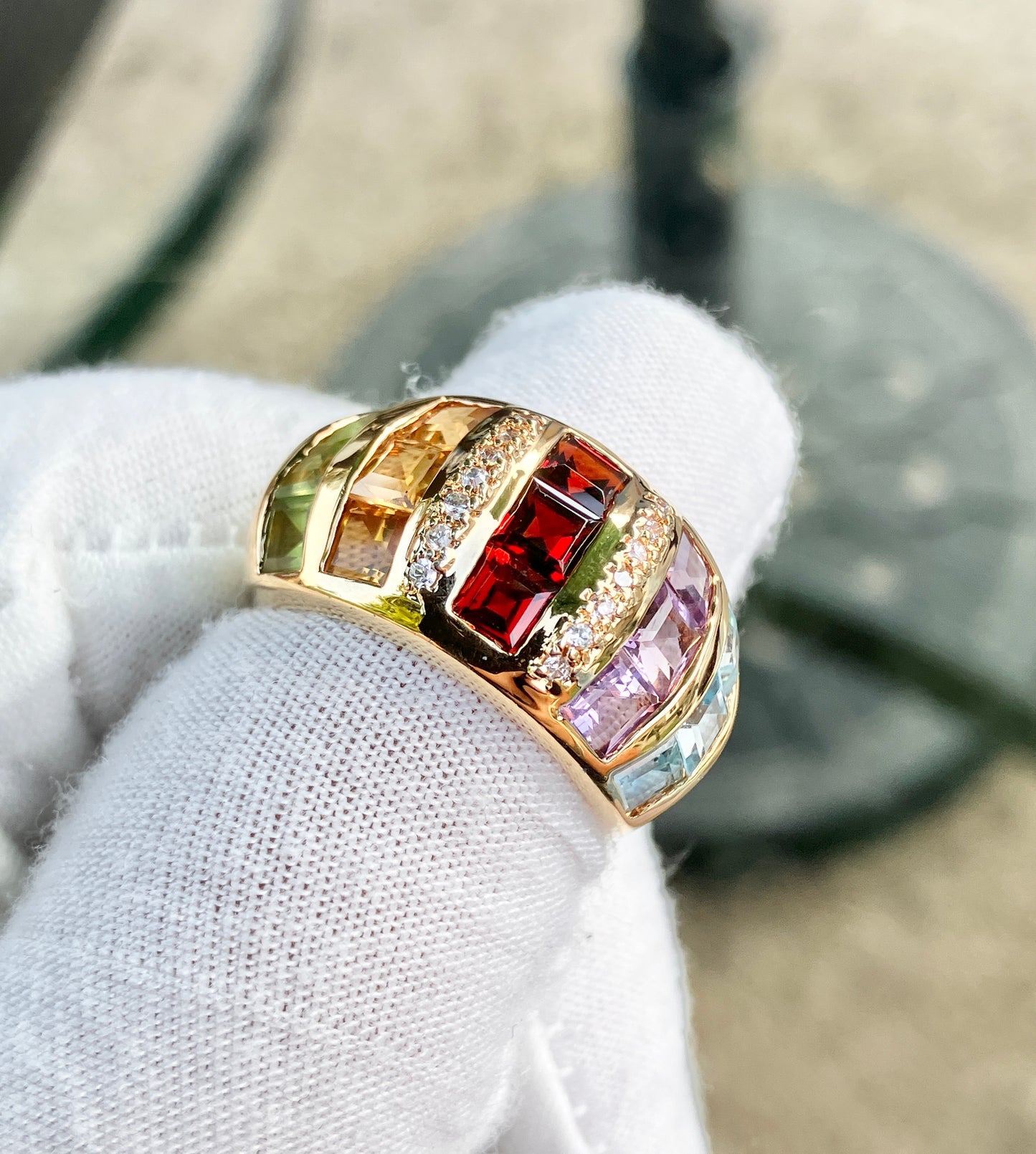 Gold Plated Square Step-cut Multi-Gemstone Ring with “Diamond” Accents