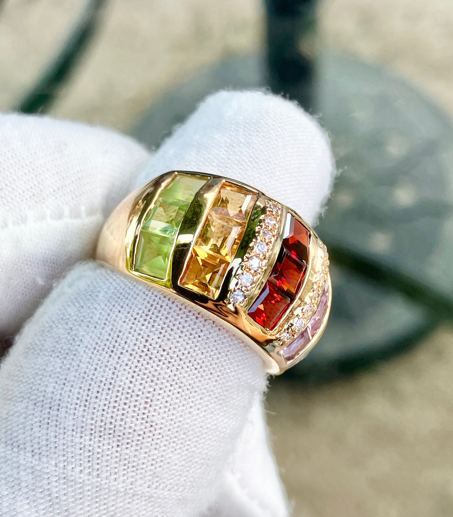 Gold Plated Square Step-cut Multi-Gemstone Ring with “Diamond” Accents