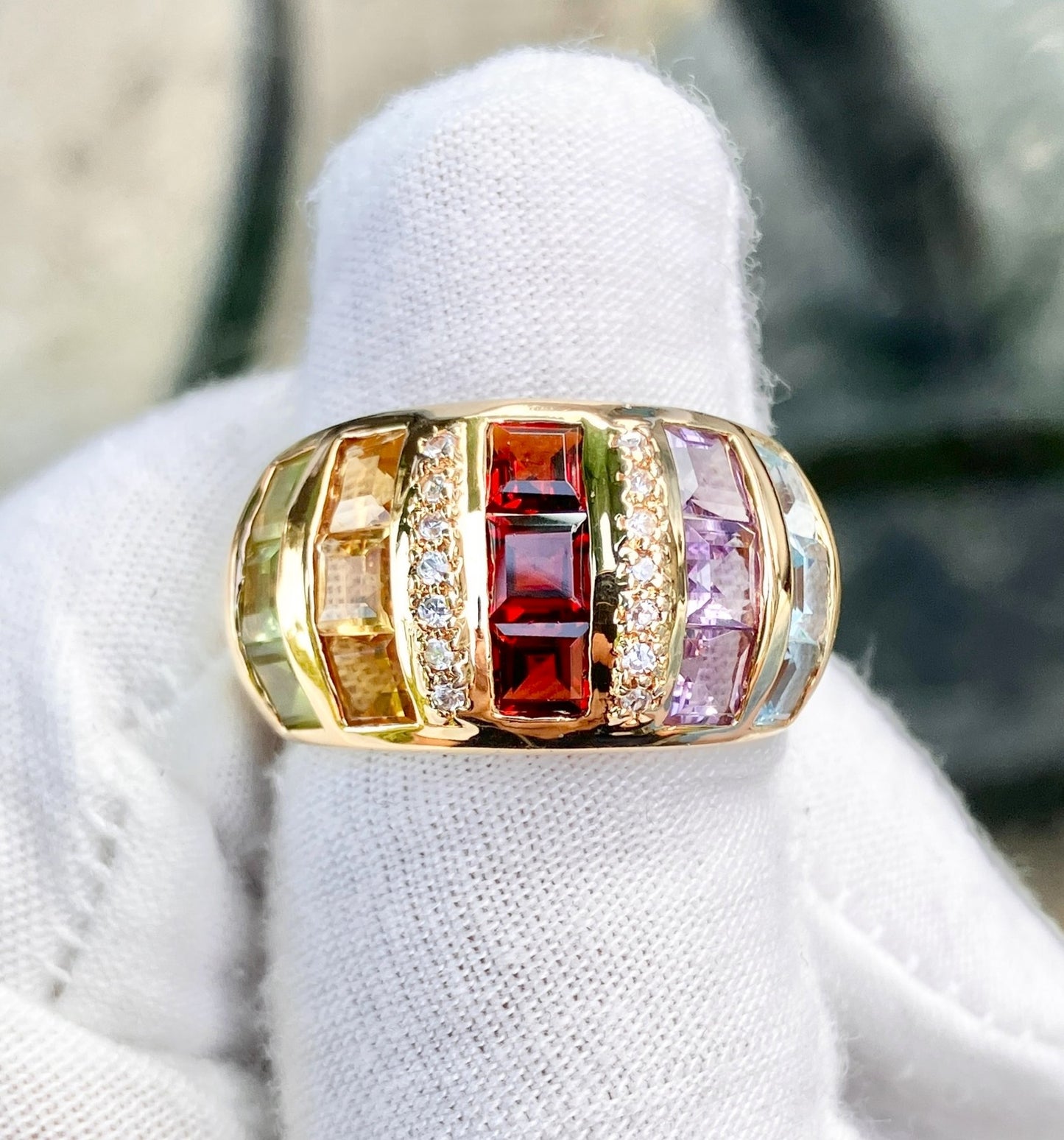 Gold Plated Square Step-cut Multi-Gemstone Ring with “Diamond” Accents