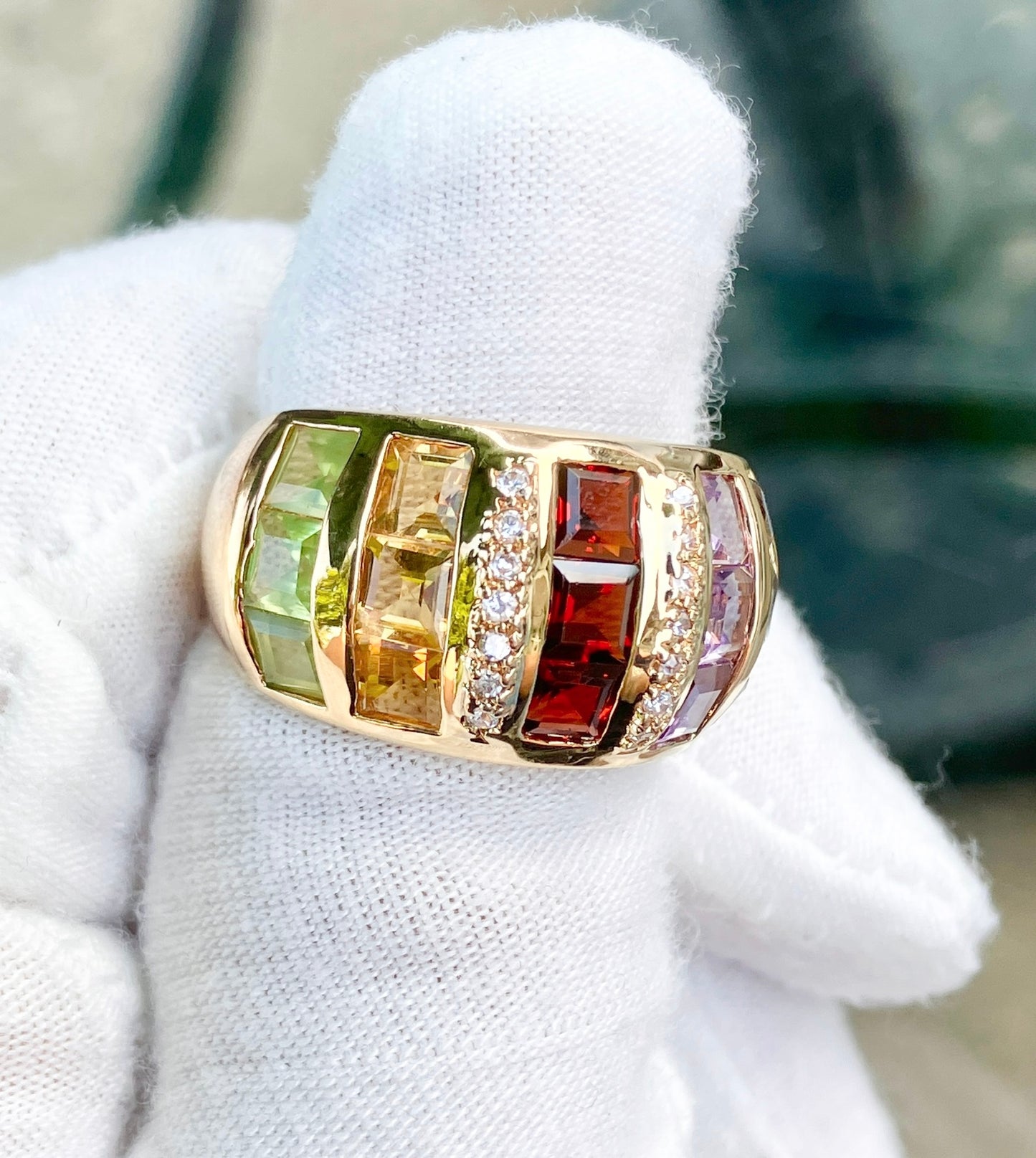 Gold Plated Square Step-cut Multi-Gemstone Ring with “Diamond” Accents