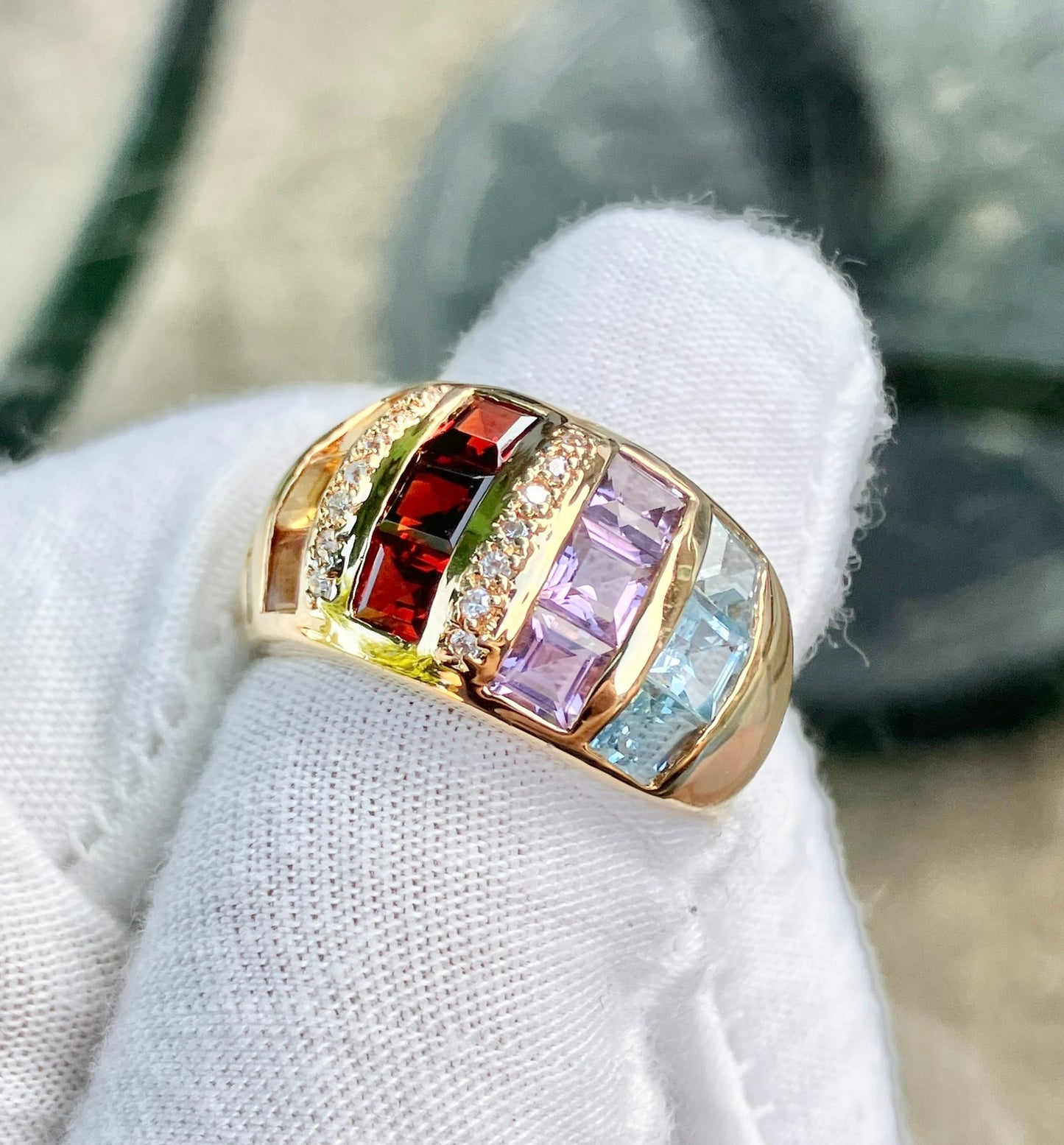 Gold Plated Square Step-cut Multi-Gemstone Ring with “Diamond” Accents