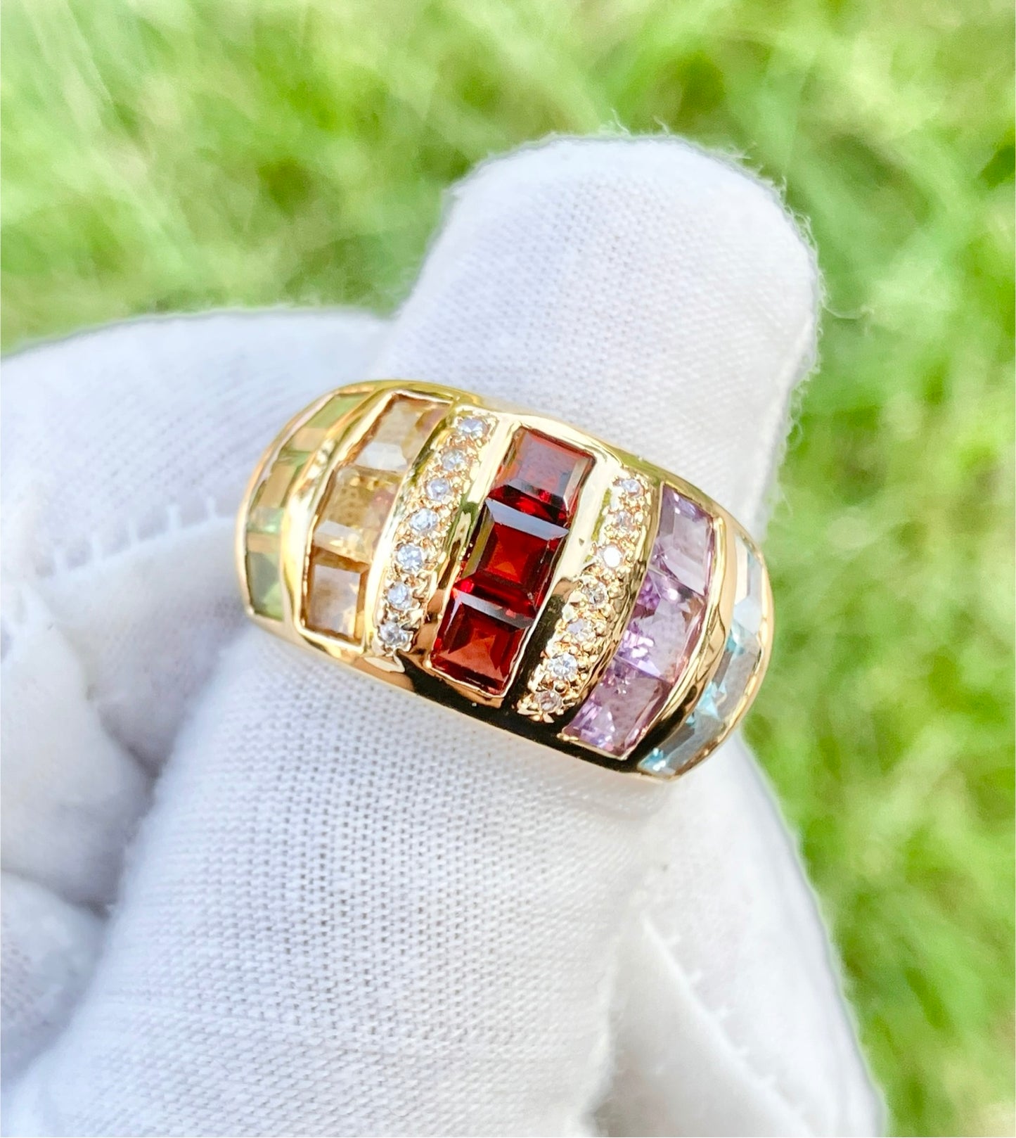 Gold Plated Square Step-cut Multi-Gemstone Ring with “Diamond” Accents