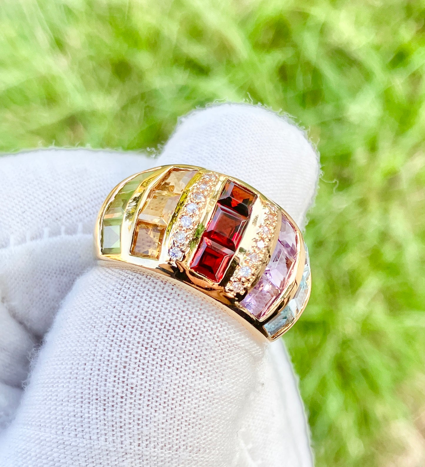Gold Plated Square Step-cut Multi-Gemstone Ring with “Diamond” Accents