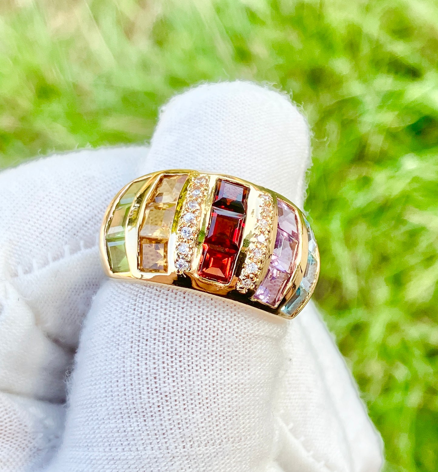 Gold Plated Square Step-cut Multi-Gemstone Ring with “Diamond” Accents
