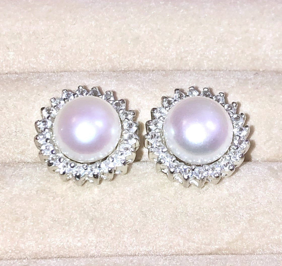 "Diamond" Halo Button Pearl Earrings