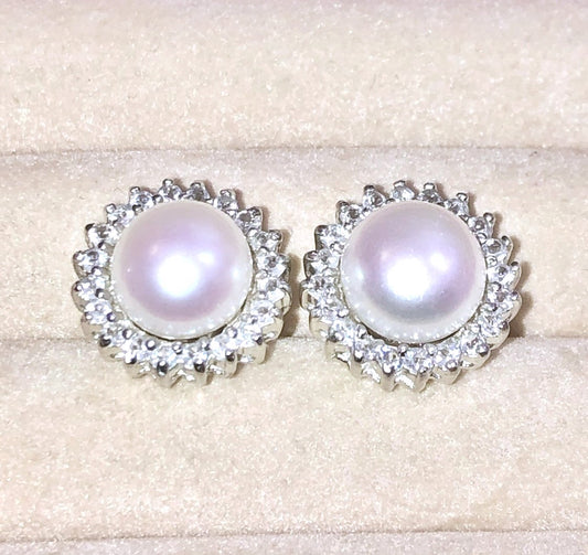 "Diamond" Halo Button Pearl Earrings