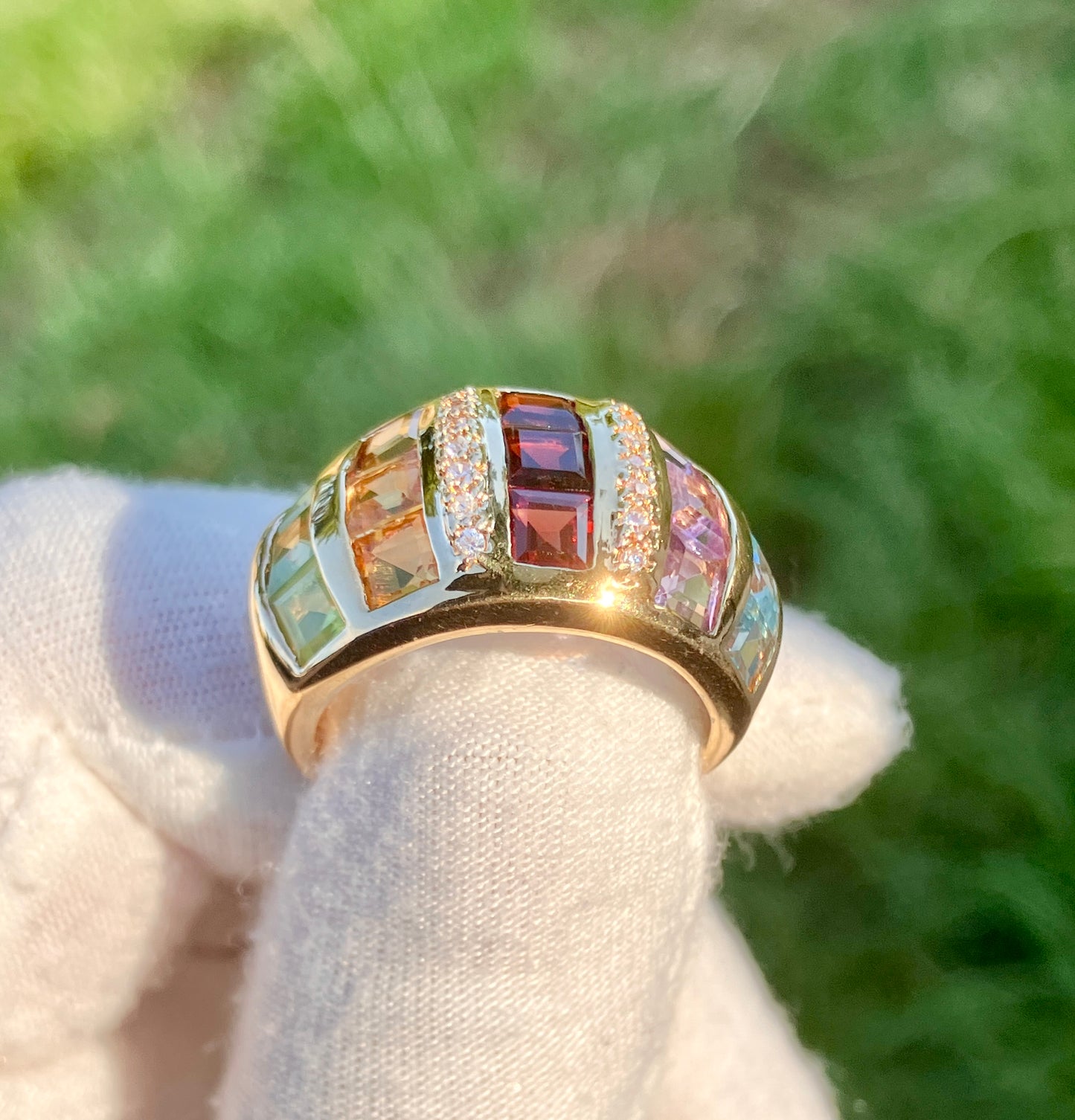 Gold Plated Square Step-cut Multi-Gemstone Ring with “Diamond” Accents