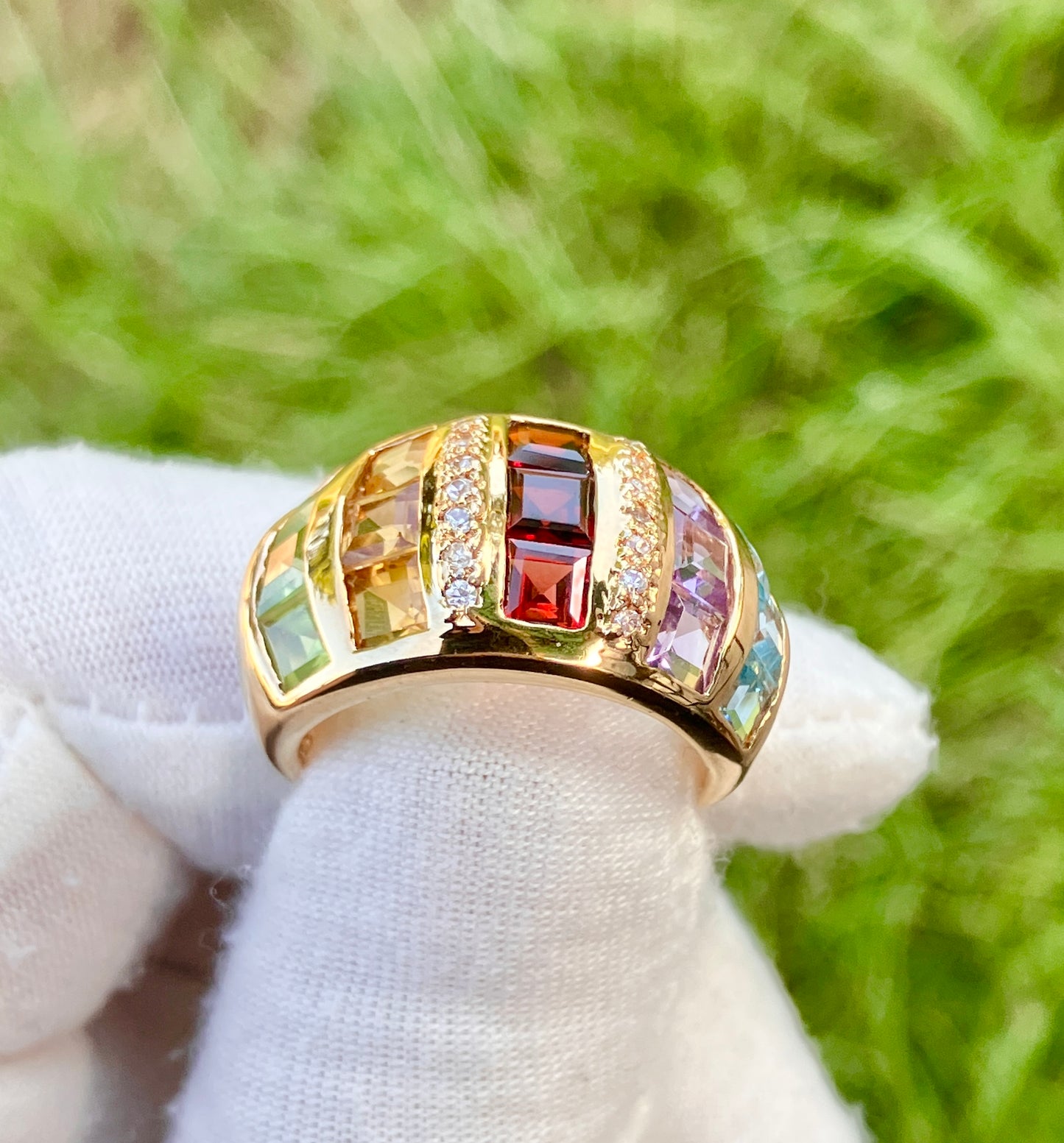 Gold Plated Square Step-cut Multi-Gemstone Ring with “Diamond” Accents