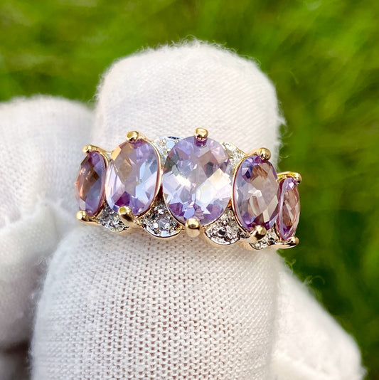Gold Plated 5-Stone Checkerboard Cut Synthetic Color Change Sapphire Ring with Diamond Accents