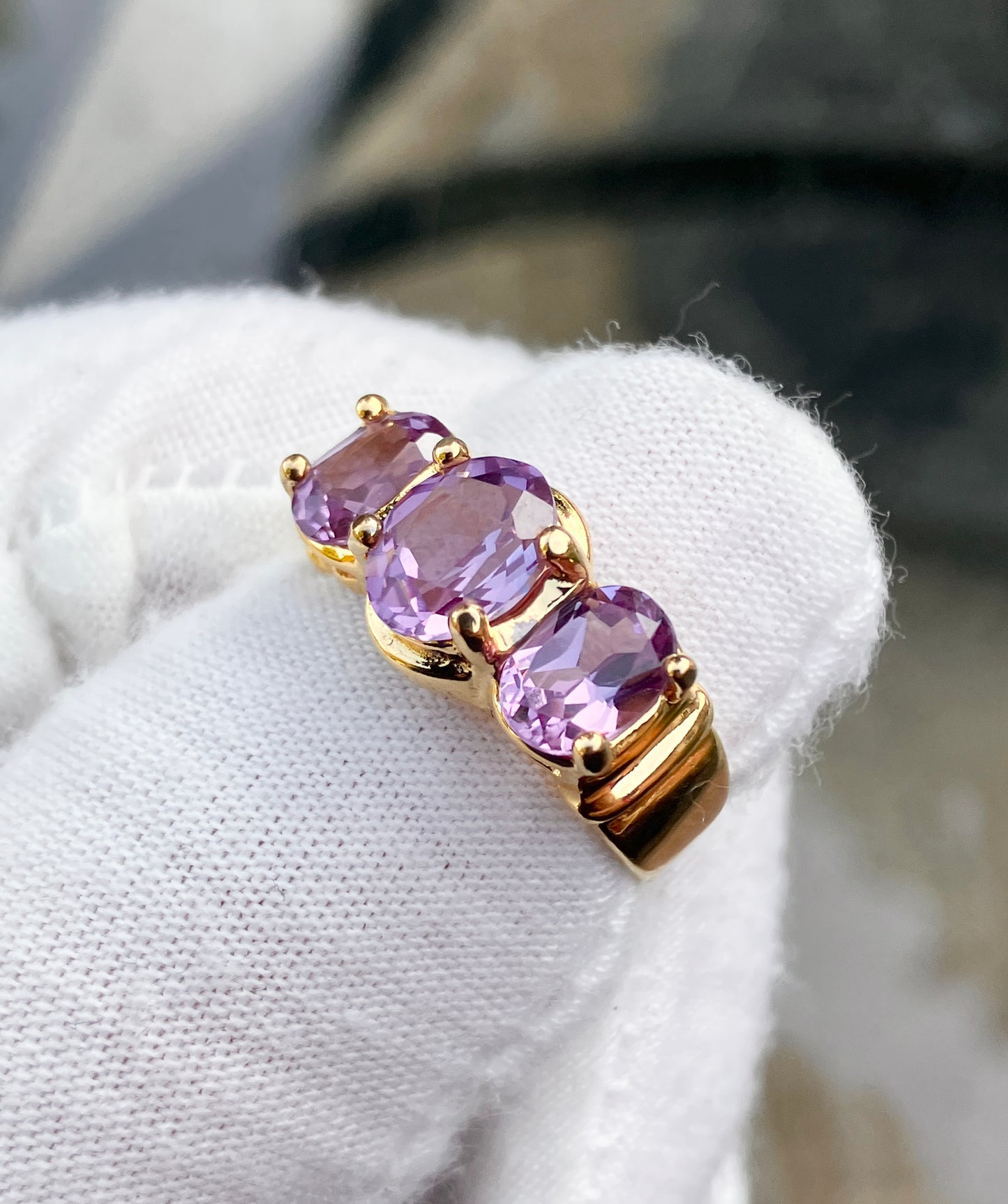 Gold Plated Tri-Stone Synthetic Color Change Sapphire Ring