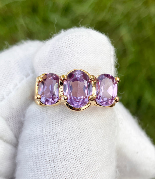 Gold Plated Tri-Stone Synthetic Color Change Sapphire Ring