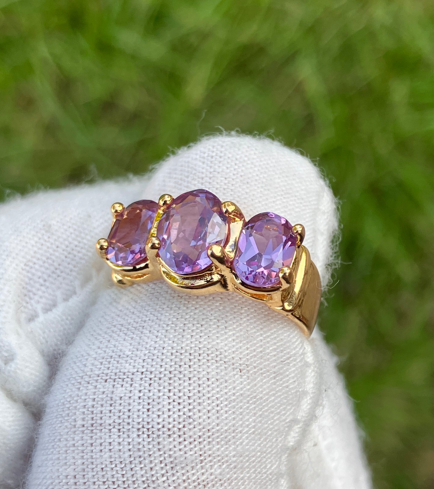 Gold Plated Tri-Stone Synthetic Color Change Sapphire Ring