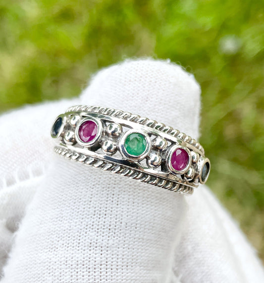 Round Cut Sapphire, Emerald, and Ruby Ring