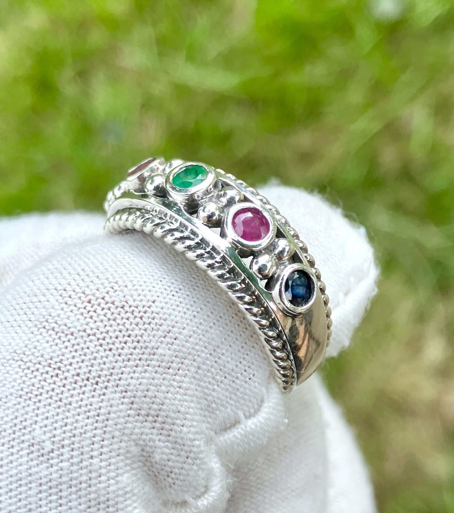 Round Cut Sapphire, Emerald, and Ruby Ring