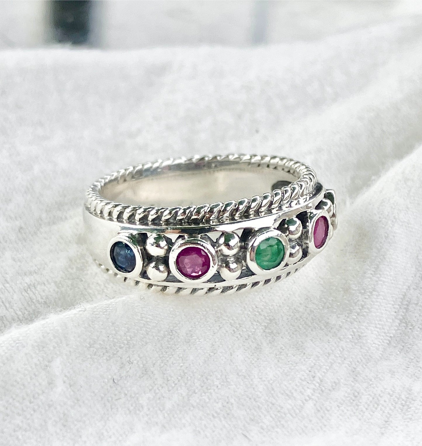 Round Cut Sapphire, Emerald, and Ruby Ring