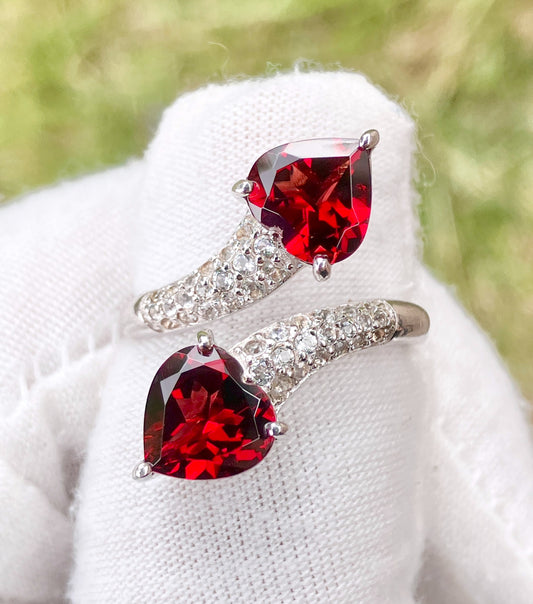 Heart Garnets in “Diamonds” Studded Split Bypass Shank Ring
