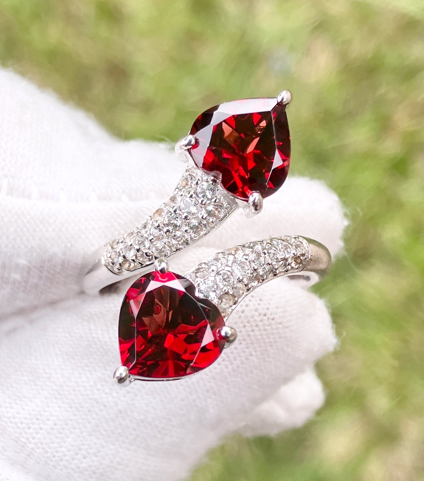 Heart Garnets in “Diamonds” Studded Split Bypass Shank Ring