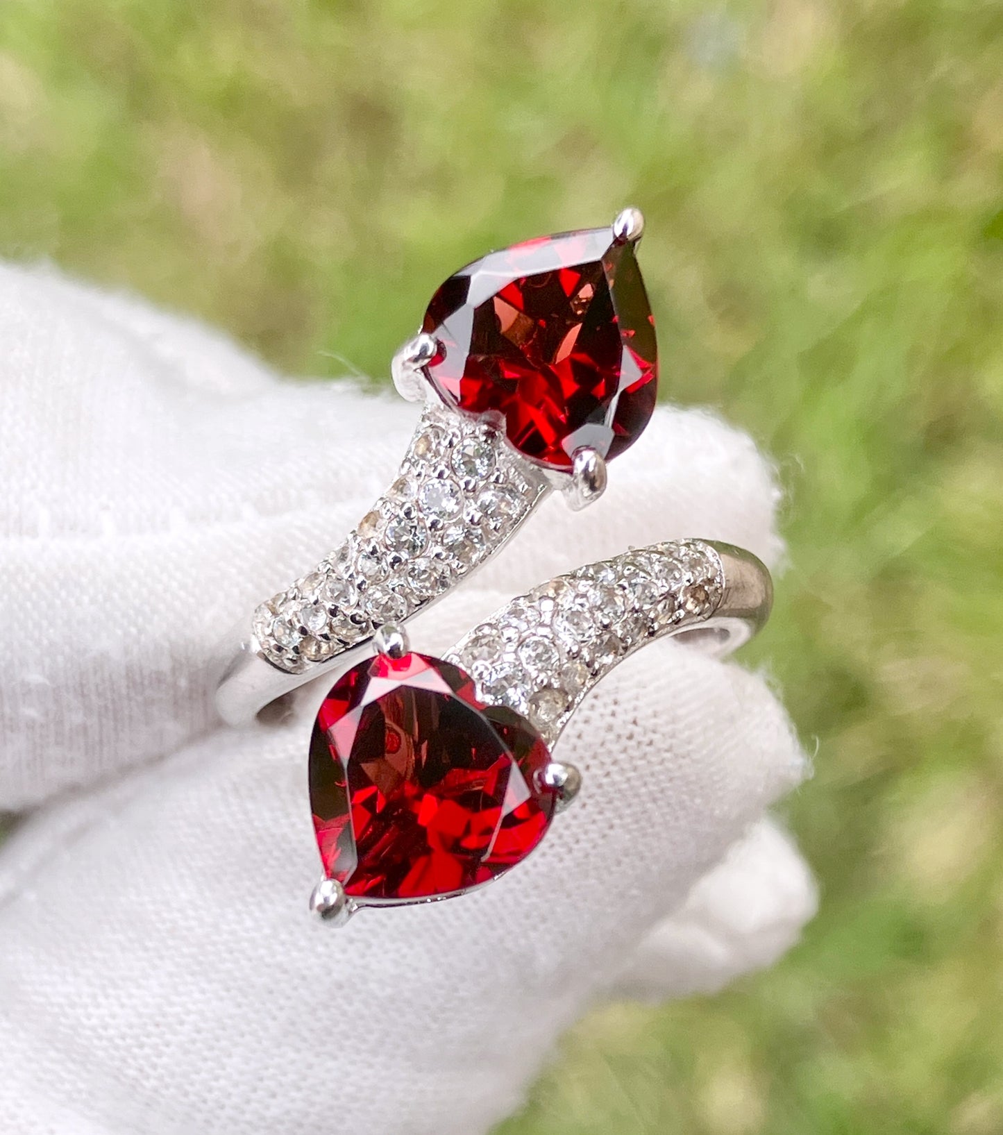 Heart Garnets in “Diamonds” Studded Split Bypass Shank Ring