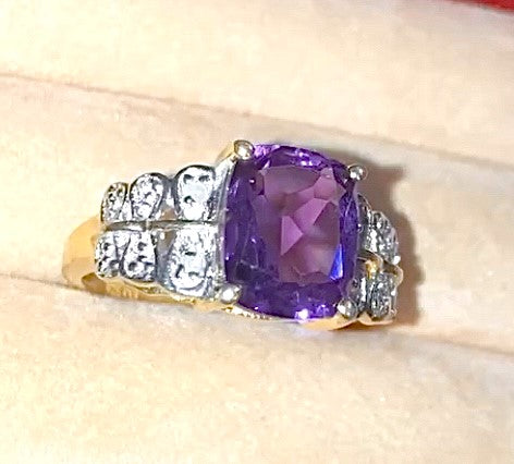 Gold Plated Elongated Cushion Cut Amethyst Ring with Diamond Accents